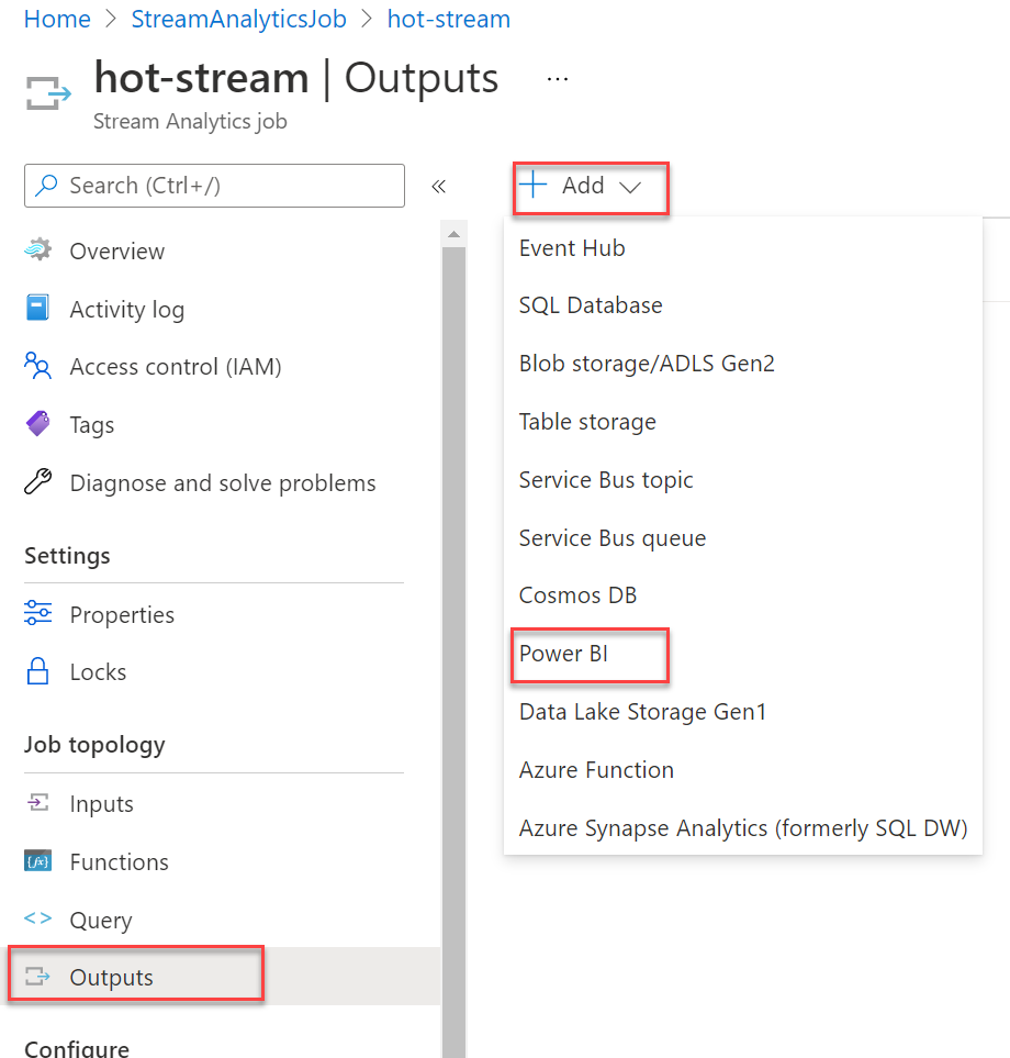 Outputs is highlighted in the left-hand menu, under Job Topology, +Add is selected, and Power BI is highlighted in the drop down menu.