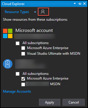 The Cloud Explorer window displays, and the Account management icon is highlighted.