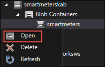Storage accounts is expanded in the Visual Studio Cloud Explorer, with the smartmetersSUFFIX account is expanded, and the Open menu item highlighted for the smartmeters container.