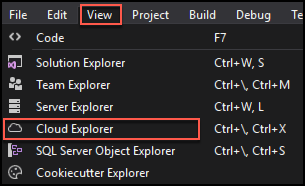 On the Visual Studio View menu, Cloud Explorer is highlighted.