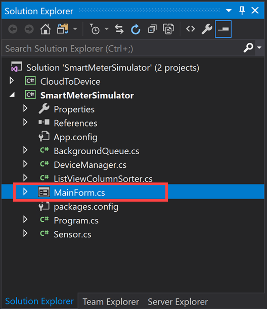 In the Visual Studio Solution Explorer window, SmartMeterSimulator project is expanded, and under it, MainForm.cs is highlighted.