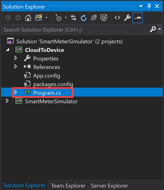 In the Visual Studio Solution Explorer window, CloudToDevice is expanded, and under it, Program.cs is highlighted.