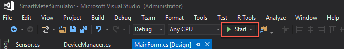 The green Start button is highlighted on the Visual Studio toolbar.