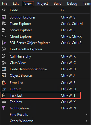 On the Visual Studio View menu, Task List is selected.