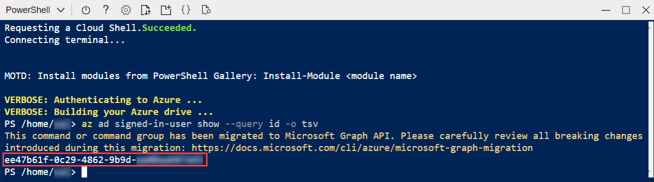 In the cloud shell, the output from the az ad signed-in-user show command is highlighted.