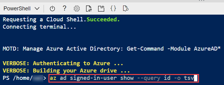 At the cloud shell prompt, the az ad signed-in-user show command is entered and highlighted.