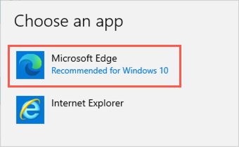 In the Choose an App dialog, Microsoft Edge is highlighted.
