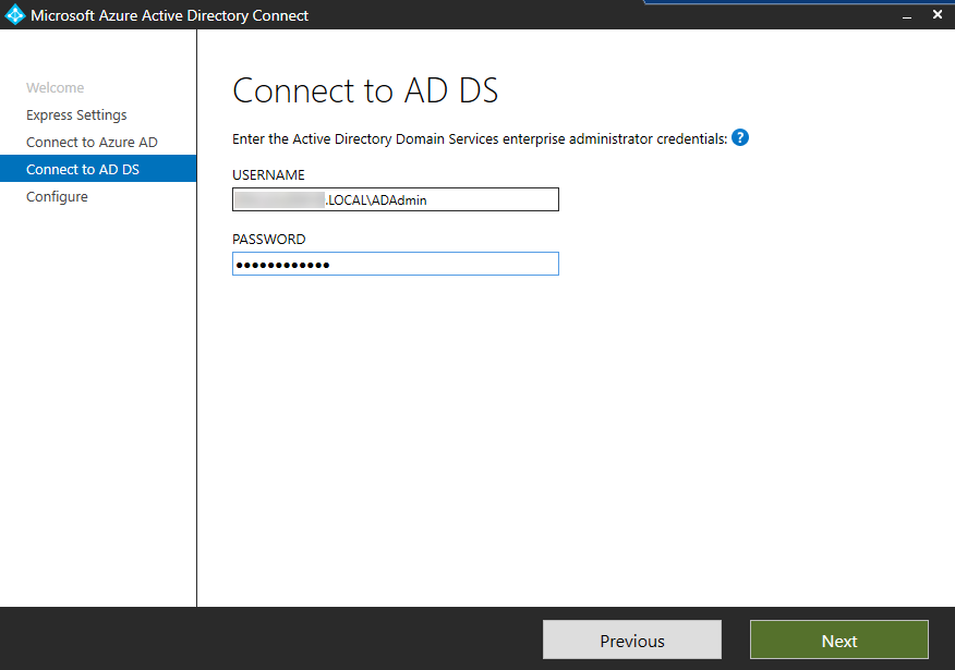 Azure ad connect. Configure. Azure ad IMAP settings. Express installation. Username admin